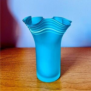 Vintage Hand Blown Teal Satin Glass Ruffled Midcentury Vase with Applied White